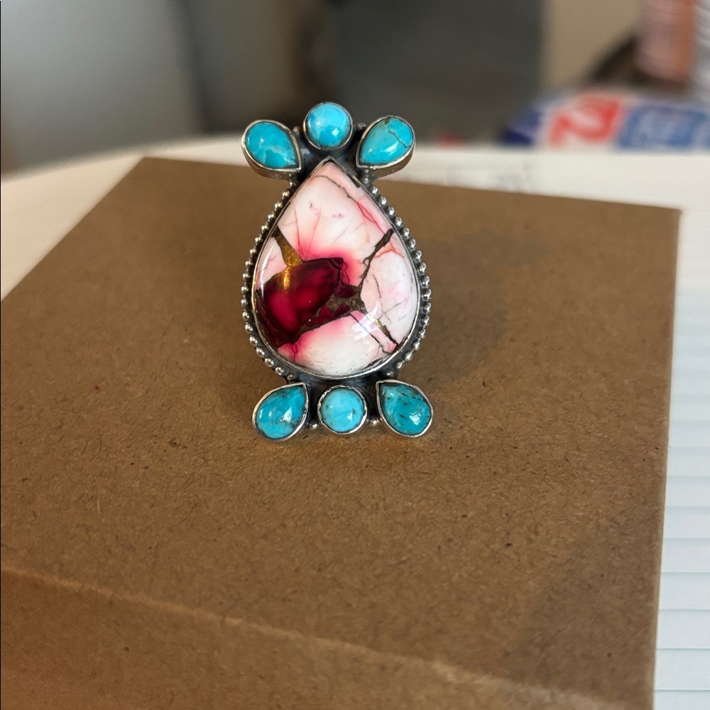 Stirling Silver Rose Dahlia & Turquoise Adjustable Ring